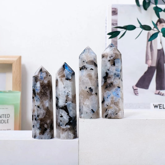 Natural Black Moonstone Crystal Towers with beautiful natural blue flash.