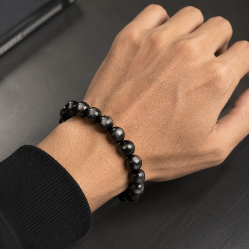 Natural Silver Sheen Obsidian Crystal Bracelet | Cat Eye Gemstone Bracelet for Men & Women