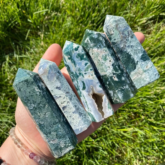 Natural Moss Agate Crystal Tower