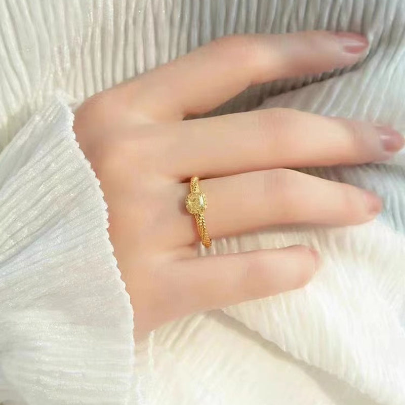 Square Cut Citrine Ring with Zircon Halo | Gold Tone Geometric "Sugar Cube" Band | Vintage Twisted Shank Cocktail Ring for Women