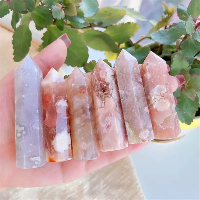 WhisperCrystal™ Natural Cherry Blossom Agate Crystal Tower | Polished Flower Agate Hexagonal Point Obelisk | Sakura Agate Healing Crystal Home Décor | 5–10cm