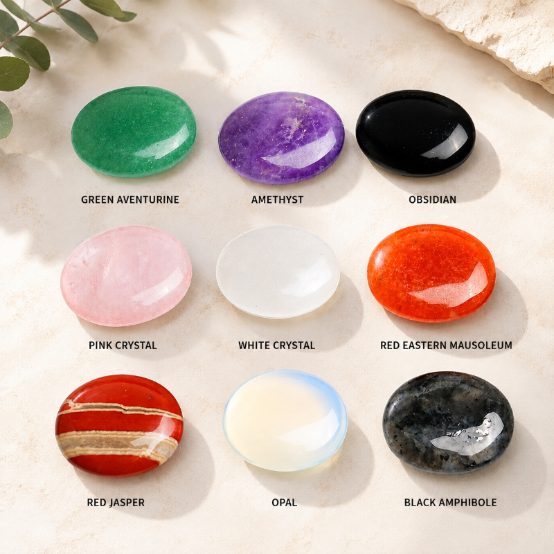 9-Piece Natural Crystal Massage Stones Set – 20mm Oval Palm Stones for Spa & Wellness