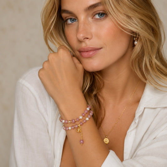 Natural Strawberry Quartz & Freshwater Pearl Wrap Bracelet