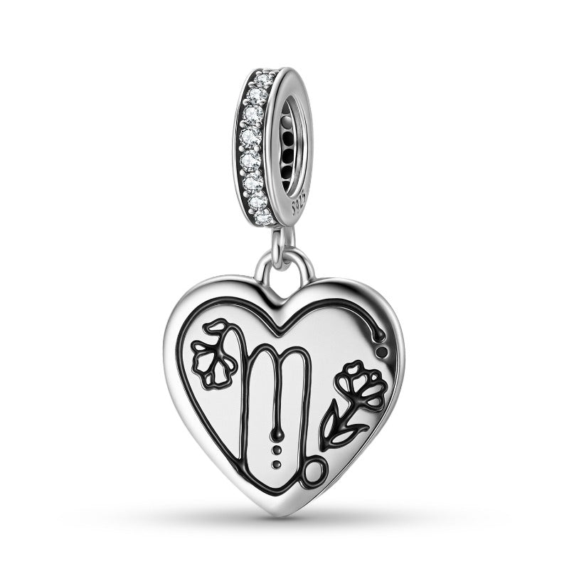S925 Sterling Silver Zodiac Heart Charm | Constellation Pendant for DIY Jewelry