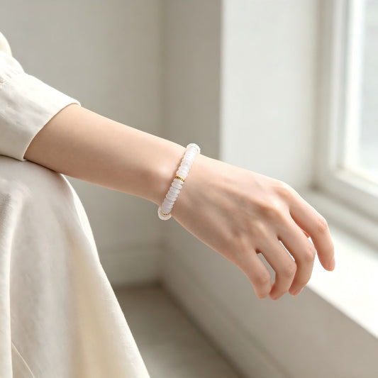 Natural White Jade Beaded Bracelet with Gold Spacer Beads – Minimalist Rondelle Bracelet