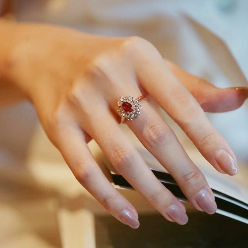 Vintage Ruby Halo Ring – Adjustable Open