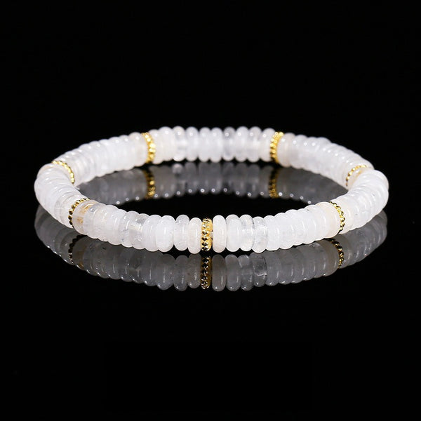 Natural White Jade Beaded Bracelet with Gold Spacer Beads – Minimalist Rondelle Bracelet