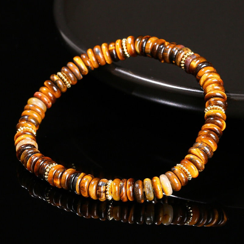 Natural Tiger's Eye Beaded Bracelet with Gold Spacer Beads – Roundel Gemstone Bracelet