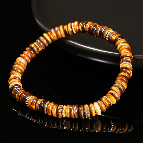 Natural Tiger's Eye Beaded Bracelet with Gold Spacer Beads – Roundel Gemstone Bracelet