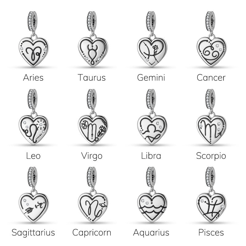 S925 Sterling Silver Zodiac Heart Charm | Constellation Pendant for DIY Jewelry