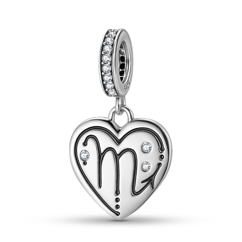 S925 Sterling Silver Zodiac Heart Charm | Constellation Pendant for DIY Jewelry