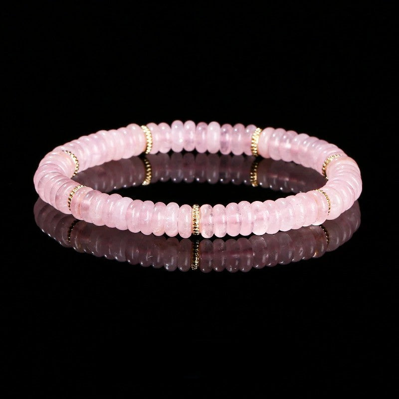 Natural Rose Quartz Beaded Bracelet with Gold Spacer Beads – Pink Crystal Rondelle Bracelet