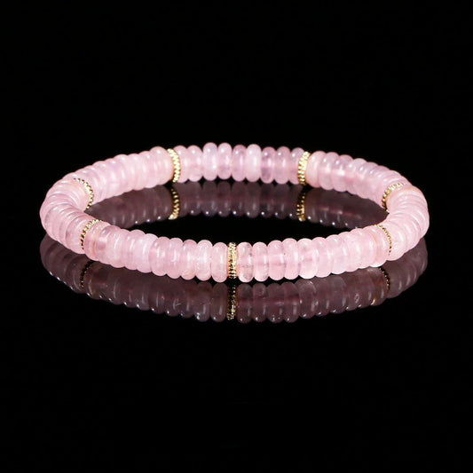 Natural Rose Quartz Beaded Bracelet with Gold Spacer Beads – Pink Crystal Rondelle Bracelet