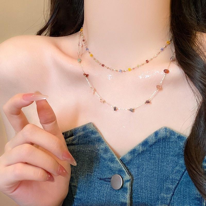 Dopamine Colorful Crystal Layered Necklace for Women, Double Layer Gemstone Collarbone Chain, Elegant Minimalist Statement Jewelry
