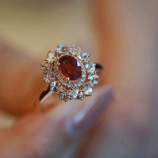 Vintage Ruby Halo Ring – Adjustable Open
