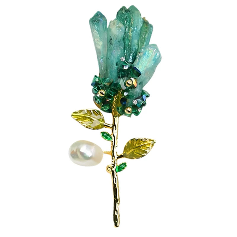 Blue Crystal Flower Brooch with Natural Stone & Baroque Pearl | Vintage Elegant Suit Pin