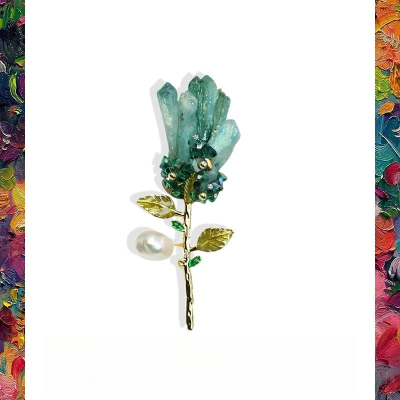 Blue Crystal Flower Brooch with Natural Stone & Baroque Pearl | Vintage Elegant Suit Pin