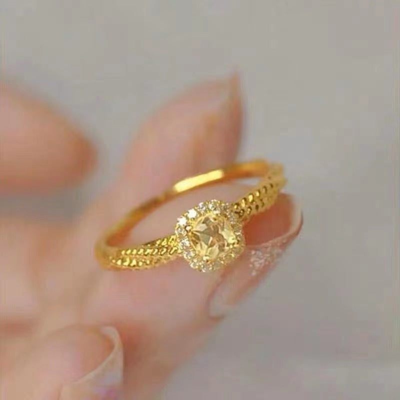 Citrine ring, yellow crystal ring, square cut ring, geometric ring, gold tone ring, fashion jewelry for women.
