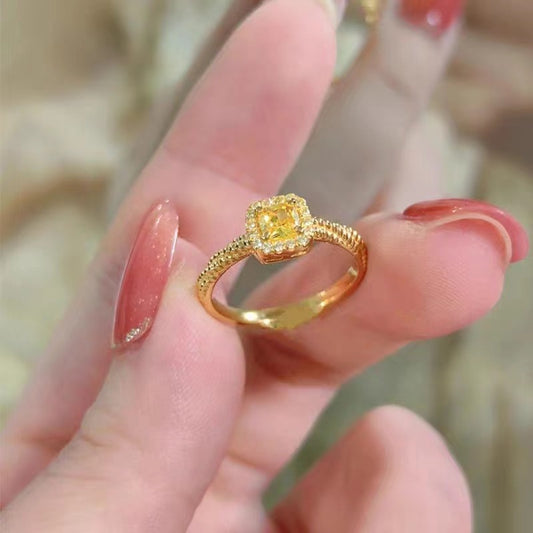 Citrine ring, yellow crystal ring, square cut ring, geometric ring, gold tone ring, fashion jewelry for women.

