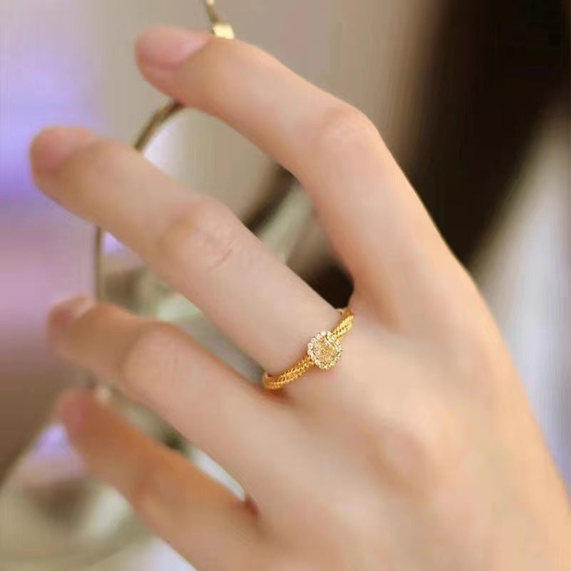 Elegant Yellow Crystal Statement Ring | Sparkling CZ Accent Geometric Jewelry | Dainty Gold Fashion Ring Gift for Her
