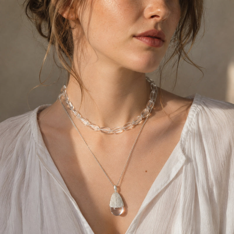 Long Pendant White Crystal Pine Cone Necklace