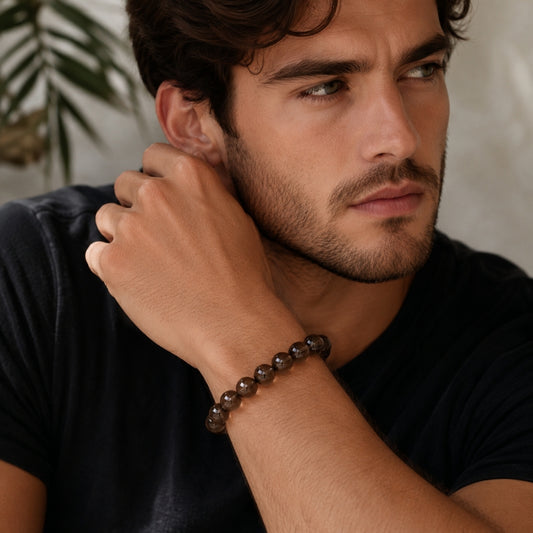 Men's Brown Crystal Beaded Bracelet, Tea Crystal Gemstone Jewelry for Protection &amp; Balance