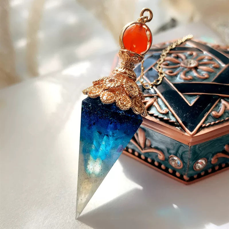 Mystic Blue Crystal Pendulum Necklace | Natural Quartz Point & Gold Chain Jewelry