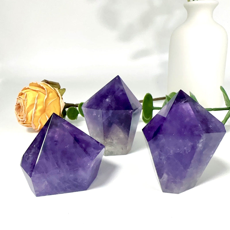 Natural Amethyst Double Terminated Crystal Point | Polished Diamond Cut Purple Quartz Tower | Faceted Healing Crystal Home Decor Mineral Specimen
