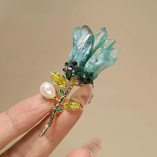 Natural Blue Crystal Flower Brooch with Pearl | Vintage Jewelry Pin
