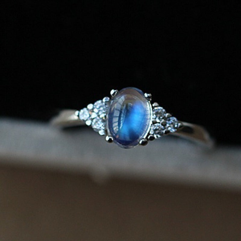 Natural Blue Flash Moonstone Ring | Adjustable Sterling Silver Ring