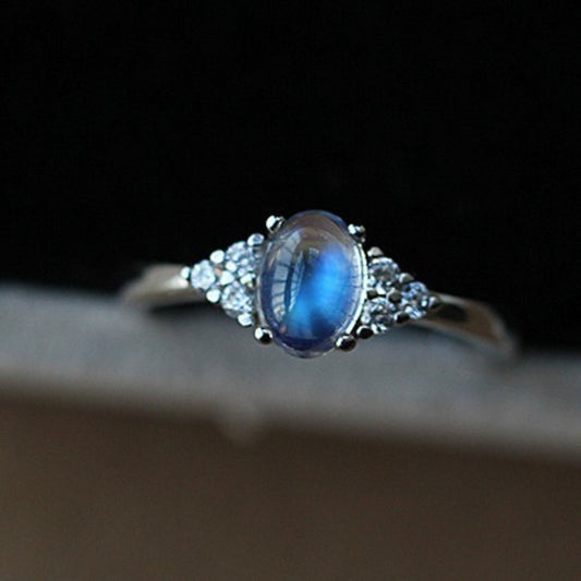Natural Blue Flash Moonstone Ring | Adjustable Sterling Silver Ring