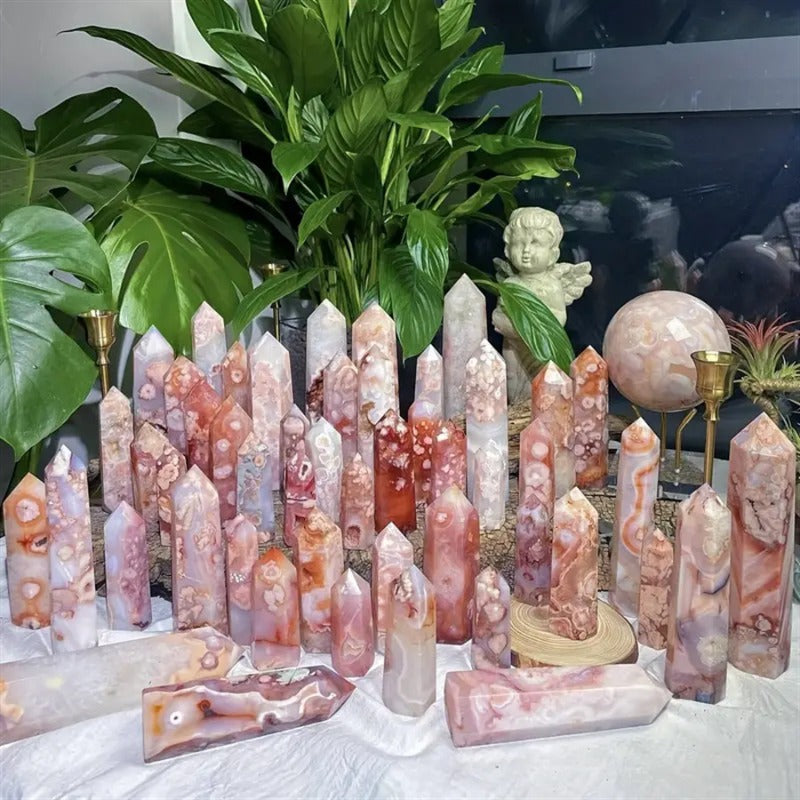 Natural Cherry Blossom Agate Crystal Tower | Polished Flower Agate Hexagonal Point Obelisk