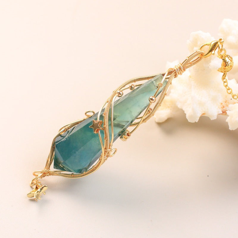 Natural Green Fluorite Crystal Pendulum Necklace | Handmade Wire Wrapped Raw Crystal Point Pendant