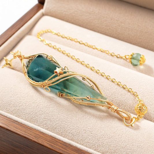 Natural Green Fluorite Crystal Pendulum Necklace | Wire Wrapped Crystal Jewelry
