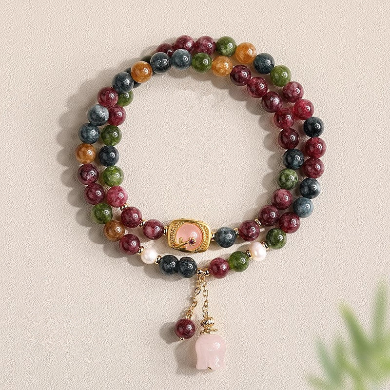 Natural Multicolor Tourmaline Double Wrap Bracelet | Rose Quartz Charm | WhisperCrystal™