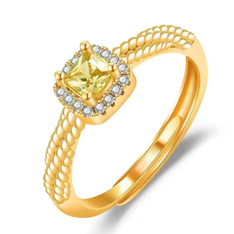 Square Cut Citrine Ring with Zircon Halo | Gold Tone Geometric "Sugar Cube" Band | Vintage Twisted Shank Cocktail Ring for Women
