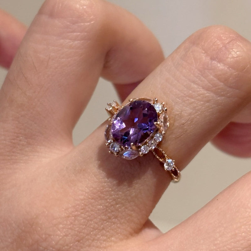 WhisperCrystal™ Amethyst Halo Cocktail Ring – Rose Gold Oval Gemstone Statement Ring with Pavé Zircon