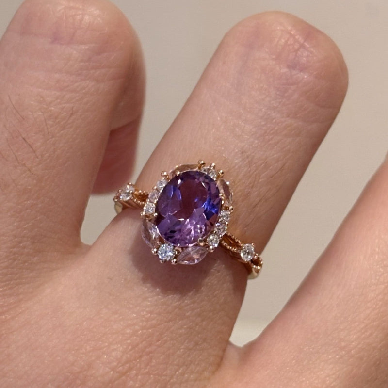 WhisperCrystal™ Amethyst Halo Cocktail Ring – Rose Gold Oval Gemstone Statement Ring with Pavé Zircon
