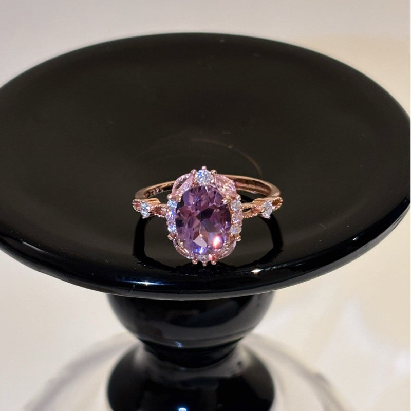WhisperCrystal™ Amethyst Halo Cocktail Ring – Rose Gold Oval Gemstone Statement Ring with Pavé Zircon