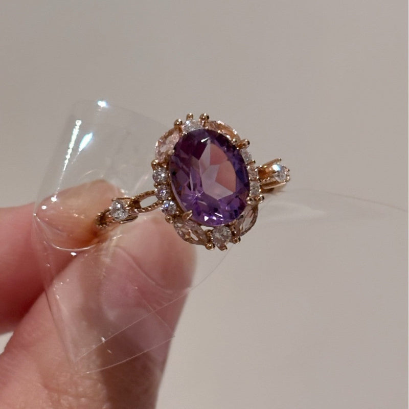 WhisperCrystal™ Amethyst Halo Cocktail Ring – Rose Gold Oval Gemstone Statement Ring with Pavé Zircon