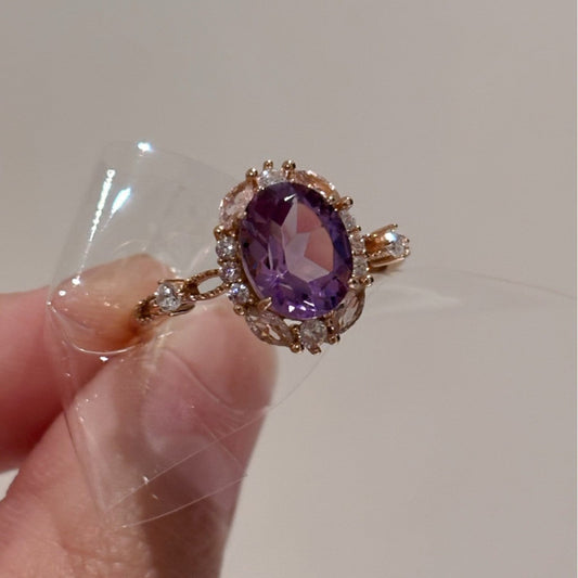 WhisperCrystal™ Amethyst Halo Cocktail Ring – Rose Gold Oval Gemstone Statement Ring with Pavé Zircon