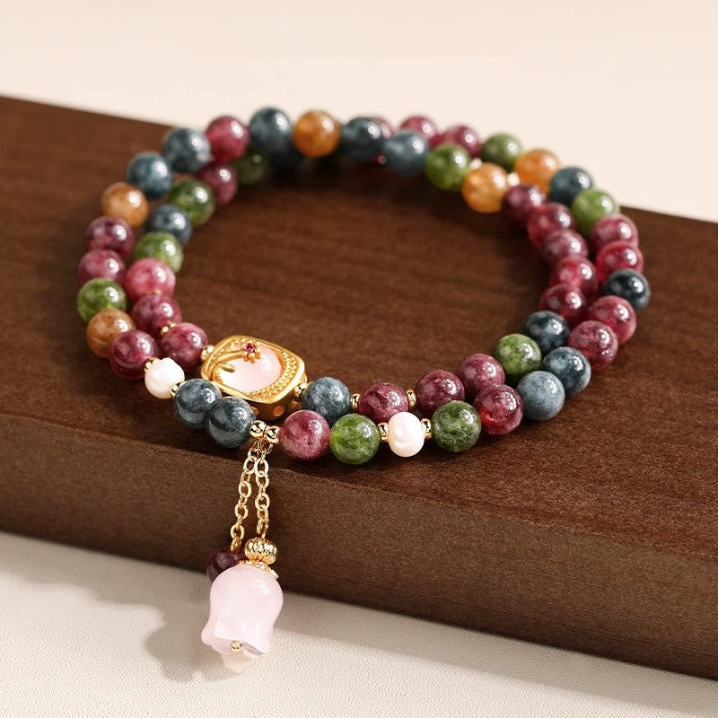 WhisperCrystal™ Multicolor Tourmaline Double Wrap Bracelet featuring a Rose Quartz Lily of the Valley charm