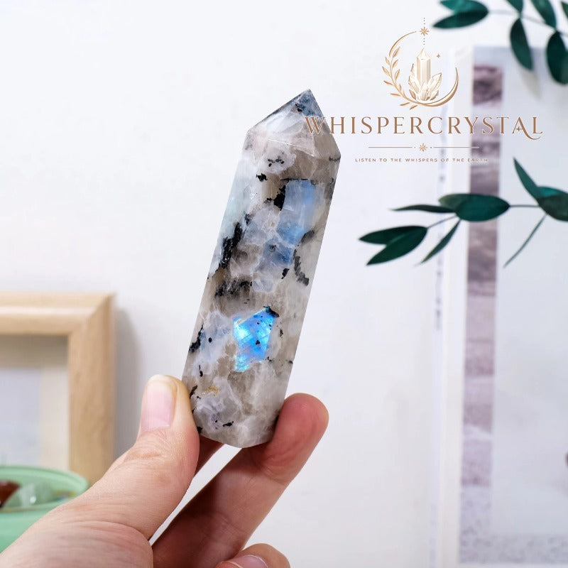 WhisperCrystal™ Natural Black Moonstone Crystal Tower | Rainbow Moonstone Point 4–10cm