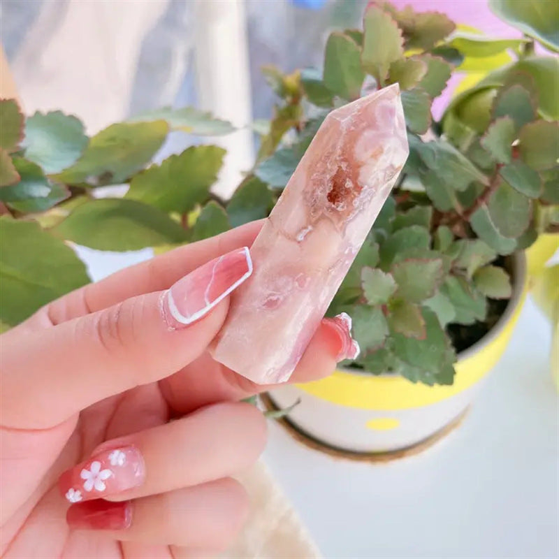 WhisperCrystal™ Natural Cherry Blossom Agate Crystal Tower | Polished Flower Agate Hexagonal Point Obelisk | Sakura Agate Healing Crystal Home Décor | 5–10cm