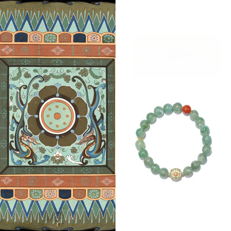 WhisperCrystal™ Natural Green Aventurine and Red Agate Bracelet featuring polished 8mm green aventurine beads, a vibrant red agate accent, and an elegant enamel-inspired charm in a Dunhuang-inspired color palette.
