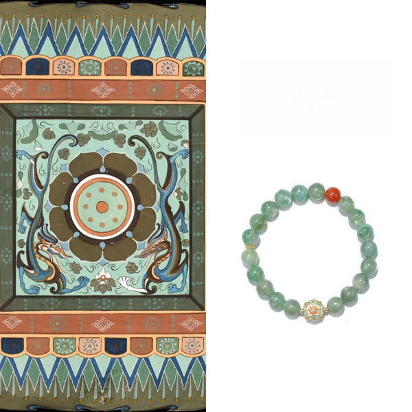 WhisperCrystal™ Natural Green Aventurine and Red Agate Bracelet featuring polished 8mm green aventurine beads, a vibrant red agate accent, and an elegant enamel-inspired charm in a Dunhuang-inspired color palette.