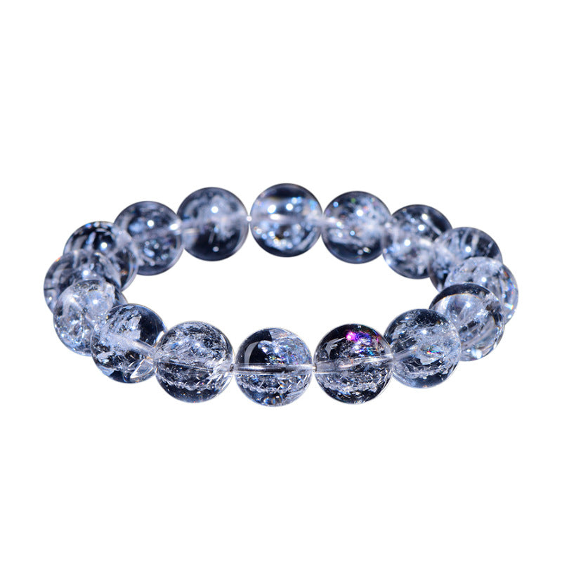 WhisperCrystal™ Natural Himalayan Rainbow Clear Quartz Bracelet featuring hand-polished transparent round beads with natural rainbow inclusions, available in classic clear and rainbow styles for everyday crystal jewelry.