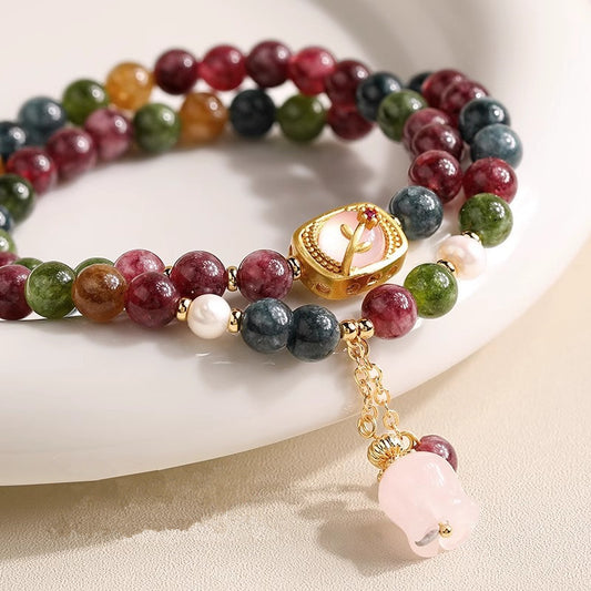 Natural Multicolor Tourmaline Double Wrap Bracelet | Rose Quartz Charm | WhisperCrystal™