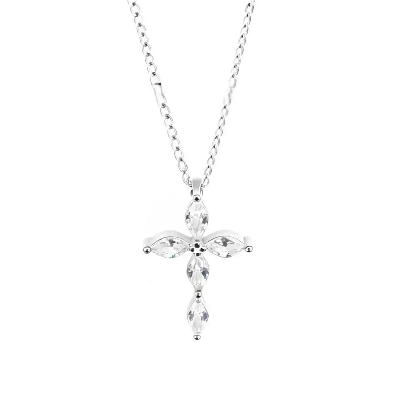 White Crystal Cross Necklace in S925 Sterling Silver | Ballet-Inspired Minimalist Jewelry