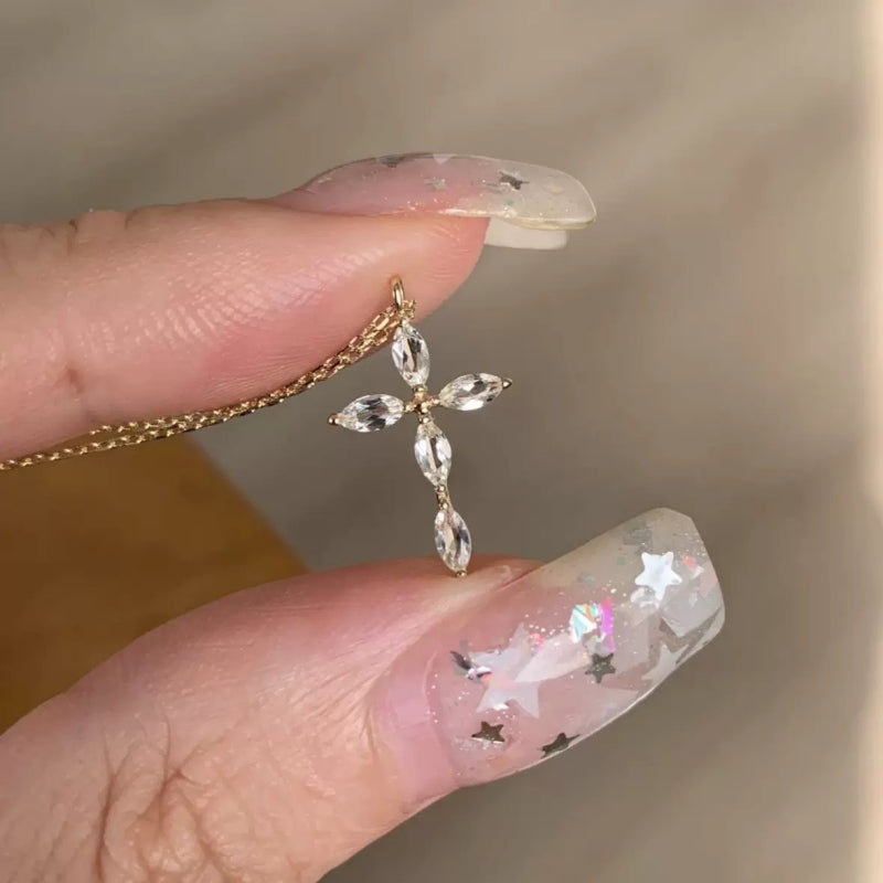 White Crystal Cross Necklace in S925 Sterling Silver | WhisperCrystal™